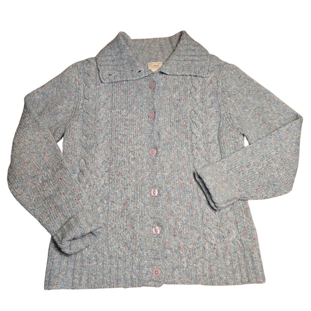 L.L. Bean Blue Confetti Tweed Cable Knit Cardigan Sweater Size M - Picture 5 of 13